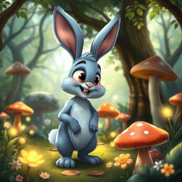 A cartoon blue rabbit with big, expressive eyes, standing upright and animatedly talking in an enchanted forest