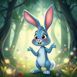 A cartoon blue rabbit with expressive eyes and lively facial features, standing in an enchanted forest filled with luminous plants and towering trees