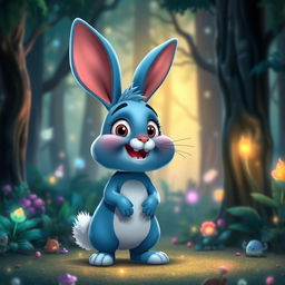 A cartoon blue rabbit with expressive eyes and lively facial features, standing in an enchanted forest filled with luminous plants and towering trees