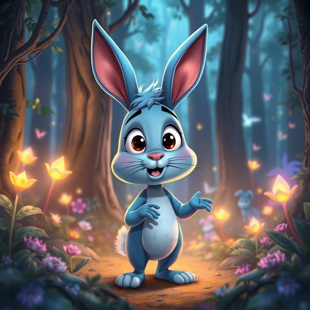 A cartoon blue rabbit with expressive eyes and lively facial features, standing in an enchanted forest filled with luminous plants and towering trees