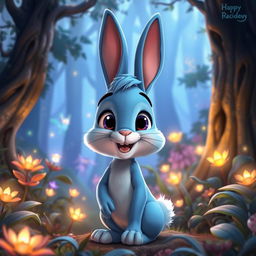 A cartoon blue rabbit with expressive eyes and lively facial features, standing in an enchanted forest filled with luminous plants and towering trees