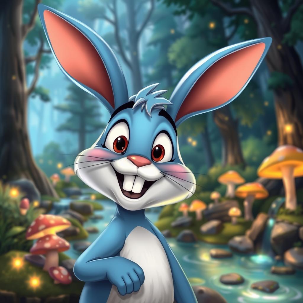 A cartoon blue rabbit with a lively and animated expression, set against the backdrop of an enchanting forest