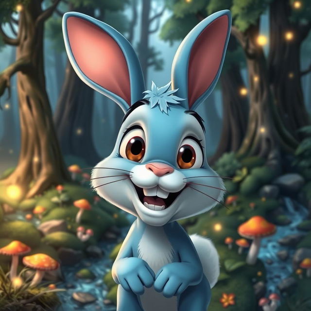 A cartoon blue rabbit with a lively and animated expression, set against the backdrop of an enchanting forest