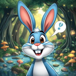 A cartoon blue rabbit with a lively and animated expression, set against the backdrop of an enchanting forest