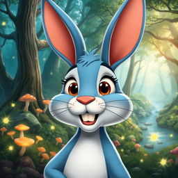 A cartoon blue rabbit with a lively and animated expression, set against the backdrop of an enchanting forest