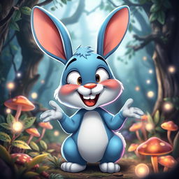 A cartoon blue rabbit with a lively and animated expression, set against the backdrop of an enchanting forest, showcasing its expressive face and body