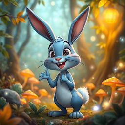 A cartoon blue rabbit with a lively and animated expression, set against the backdrop of an enchanting forest, showcasing its expressive face and body