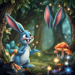 A cartoon blue rabbit with a lively and animated expression, set against the backdrop of an enchanting forest, showcasing its expressive face and body