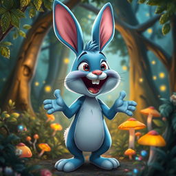 A cartoon blue rabbit with a lively and animated expression, set against the backdrop of an enchanting forest, showcasing its expressive face and body