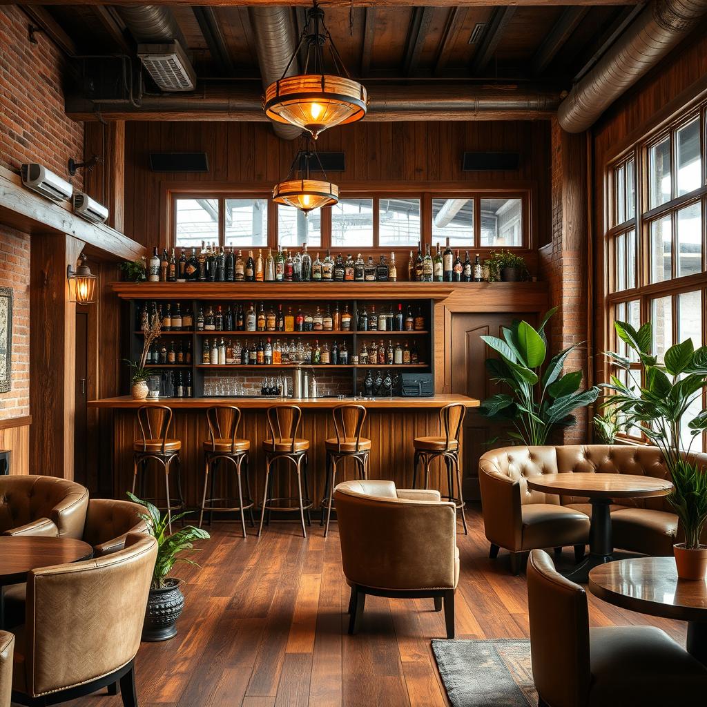 A cozy and rustic bar interior featuring wooden furnishings, warm lighting, and a welcoming atmosphere