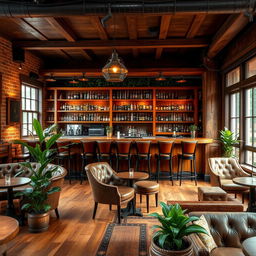 A cozy and rustic bar interior featuring wooden furnishings, warm lighting, and a welcoming atmosphere