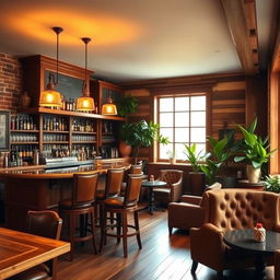 A cozy and rustic bar interior featuring wooden furnishings, warm lighting, and a welcoming atmosphere