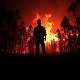 A dramatic scene in a dark forest consumed by a massive fire, with flames fiercely burning the trees and the sky glowing a fiery red