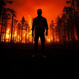 A dramatic scene in a dark forest consumed by a massive fire, with flames fiercely burning the trees and the sky glowing a fiery red