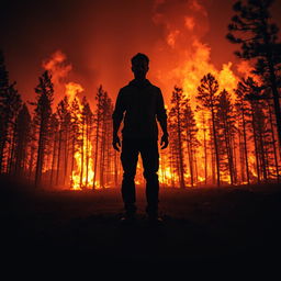 A dramatic scene in a dark forest consumed by a massive fire, with flames fiercely burning the trees and the sky glowing a fiery red