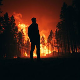 A dramatic scene in a dark forest consumed by a massive fire, with flames fiercely burning the trees and the sky glowing a fiery red