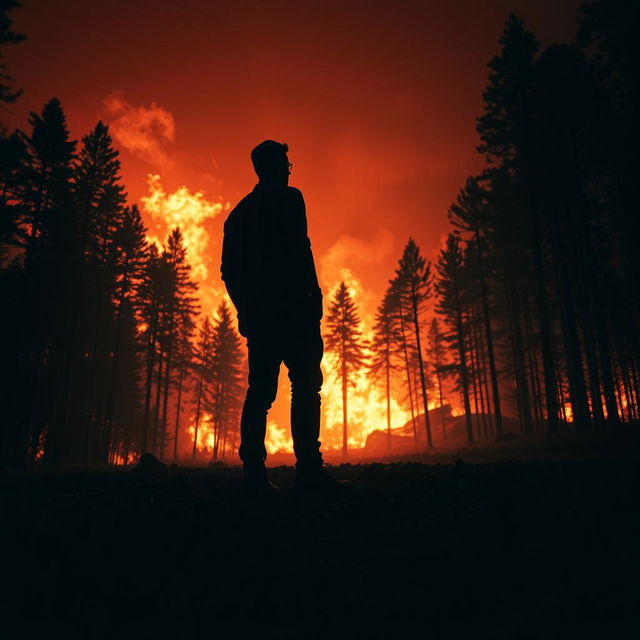 A dramatic scene in a dark forest consumed by a massive fire, with flames fiercely burning the trees and the sky glowing a fiery red