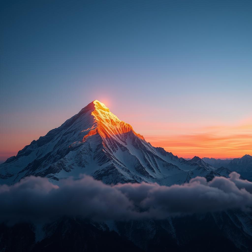 A glowing light at the peak of a majestic mountain at sunset