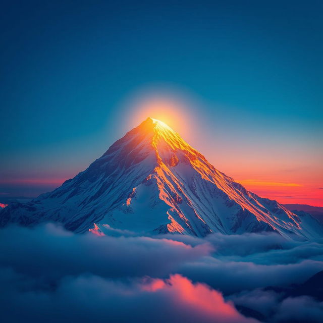 A glowing light at the peak of a majestic mountain at sunset