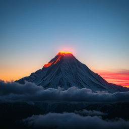 A glowing light at the peak of a majestic mountain at sunset