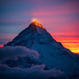 A glowing light at the peak of a majestic mountain at sunset