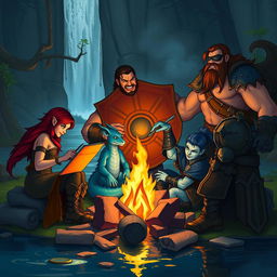 A group of four DND characters gathered around a campfire, set in front of a picturesque waterfall and serene pond