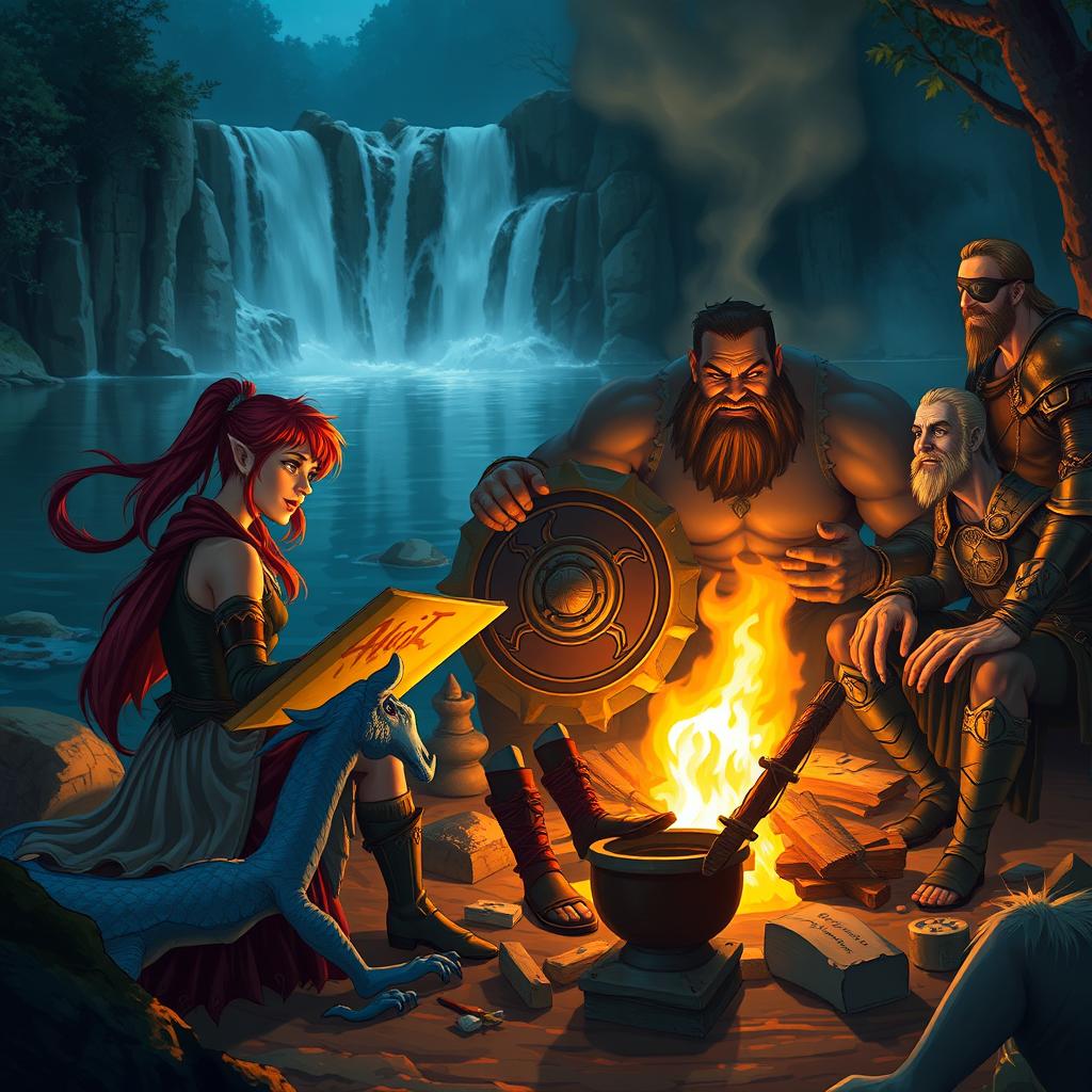 A group of four DND characters gathered around a campfire, set in front of a picturesque waterfall and serene pond