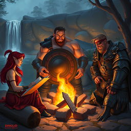 A group of four DND characters gathered around a campfire, set in front of a picturesque waterfall and serene pond