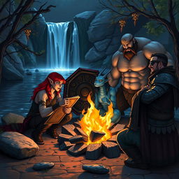 A group of four DND characters gathered around a campfire, set in front of a picturesque waterfall and serene pond