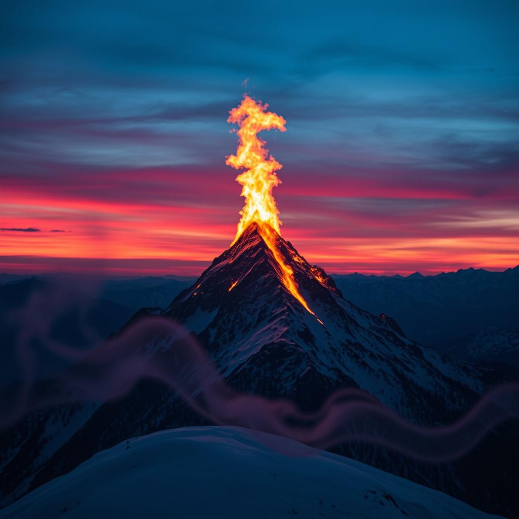 A vibrant, dynamic scene of a blazing fire on the peak of a majestic mountain at sunset