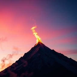 A vibrant, dynamic scene of a blazing fire on the peak of a majestic mountain at sunset