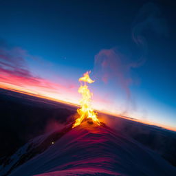 A vibrant, dynamic scene of a blazing fire on the peak of a majestic mountain at sunset