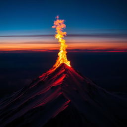 A vibrant, dynamic scene of a blazing fire on the peak of a majestic mountain at sunset