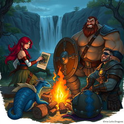 A group of four diverse Dungeons & Dragons characters around a campfire in front of a majestic waterfall and serene pond