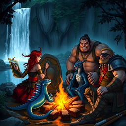 A group of four diverse Dungeons & Dragons characters around a campfire in front of a majestic waterfall and serene pond