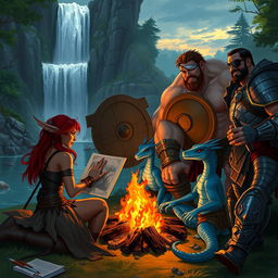 A group of four diverse Dungeons & Dragons characters around a campfire in front of a majestic waterfall and serene pond