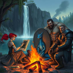 A group of four diverse Dungeons & Dragons characters around a campfire in front of a majestic waterfall and serene pond