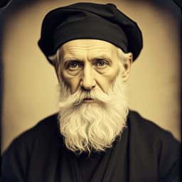 Daguerreotype portrait of an older man with a distinguished beard wearing a black monkish habit