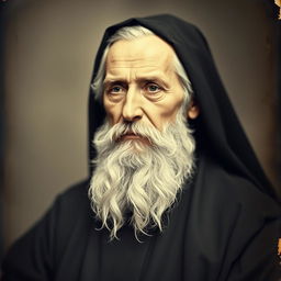 Daguerreotype portrait of an older man with a distinguished beard wearing a black monkish habit