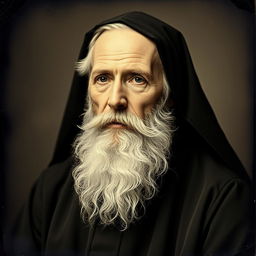 Daguerreotype portrait of an older man with a distinguished beard wearing a black monkish habit