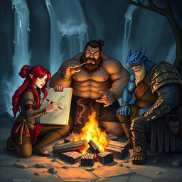 A group of four distinct Dungeons & Dragons characters gathered around a campfire set against the backdrop of a cascading waterfall