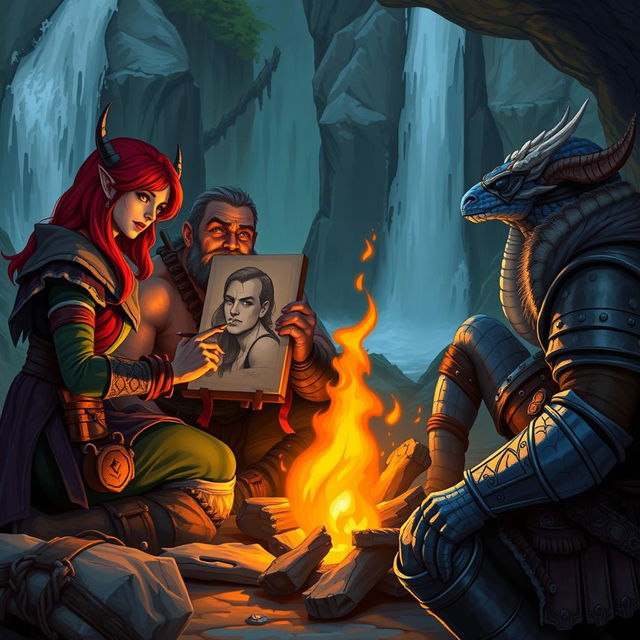 A group of four distinct Dungeons & Dragons characters gathered around a campfire set against the backdrop of a cascading waterfall