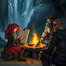 A group of four distinct Dungeons & Dragons characters gathered around a campfire set against the backdrop of a cascading waterfall