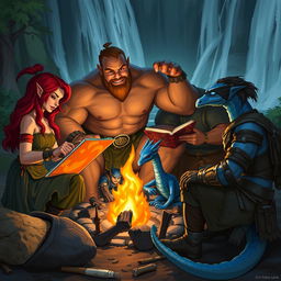 A group of four diverse Dungeons & Dragons characters gathered around a campfire set against the tranquil backdrop of a cascading waterfall