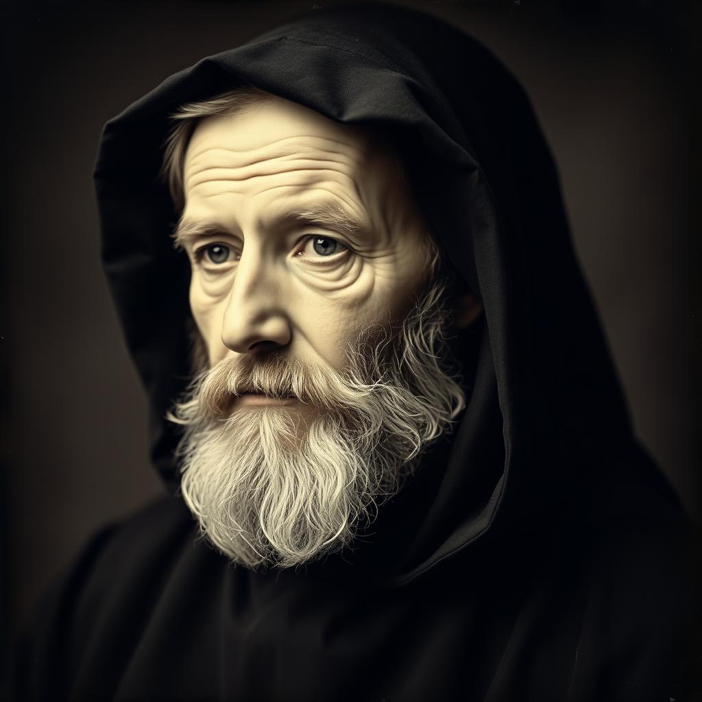 Daguerreotype portrait of an older man with a distinguished beard wearing a black monkish habit with a hood