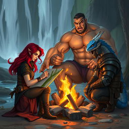 A group of four diverse Dungeons & Dragons characters gathered around a campfire set against the tranquil backdrop of a cascading waterfall