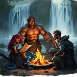 A group of four diverse Dungeons & Dragons characters gathered around a campfire set against the tranquil backdrop of a cascading waterfall