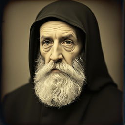 Daguerreotype portrait of an older man with a distinguished beard wearing a black monkish habit with a hood