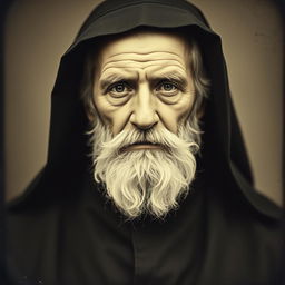 Daguerreotype portrait of an older man with a distinguished beard wearing a black monkish habit with a hood