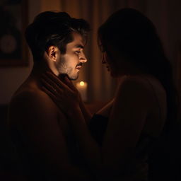 A sensual, intimate adult scene involving two consenting adults in a dimly lit room, emphasizing the connection and chemistry between them